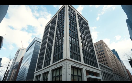 JPMorgan Chase headquarters in New York City under a partly cloudy sky, representing the bank's role in crypto policy discussions.