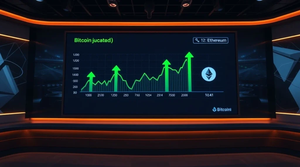 Bitcoin and Ethereum price charts on a digital display in a news studio