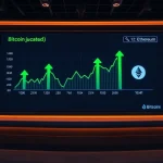 Bitcoin and Ethereum price charts on a digital display in a news studio