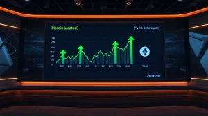 Bitcoin and Ethereum price charts on a digital display in a news studio