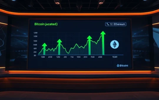 Bitcoin and Ethereum price charts on a digital display in a news studio