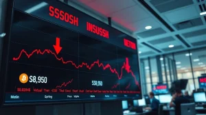 Digital stock market board showing red arrows for Bitcoin and S&P 500 in a financial office during a market sell-off.