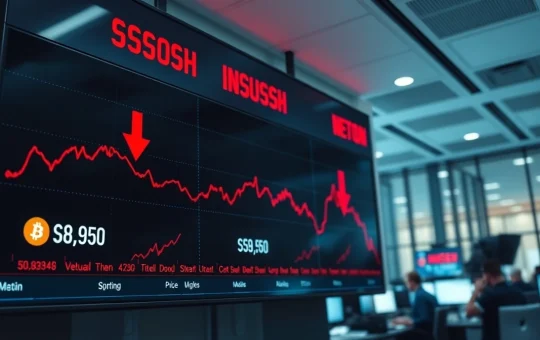 Digital stock market board showing red arrows for Bitcoin and S&P 500 in a financial office during a market sell-off.