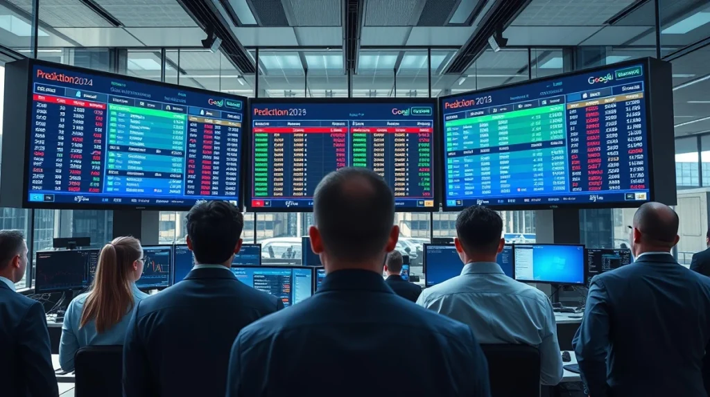 Traders monitoring prediction market odds on multiple screens in a modern office