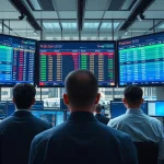 Traders monitoring prediction market odds on multiple screens in a modern office