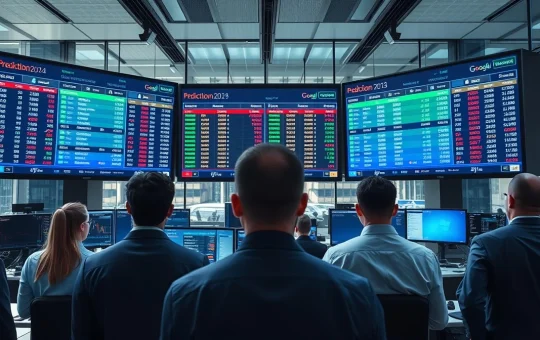 Traders monitoring prediction market odds on multiple screens in a modern office