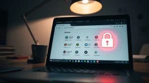Laptop screen displaying crypto wallet browser extensions with a security warning indicator.