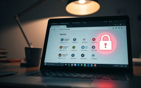 Laptop screen displaying crypto wallet browser extensions with a security warning indicator.