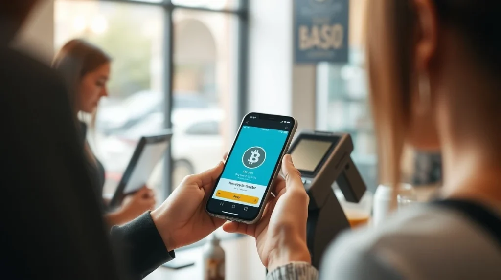 Person using a smartphone to make a contactless Bitcoin payment at a retail counter.
