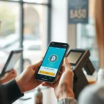 Person using a smartphone to make a contactless Bitcoin payment at a retail counter.