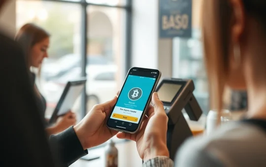 Person using a smartphone to make a contactless Bitcoin payment at a retail counter.