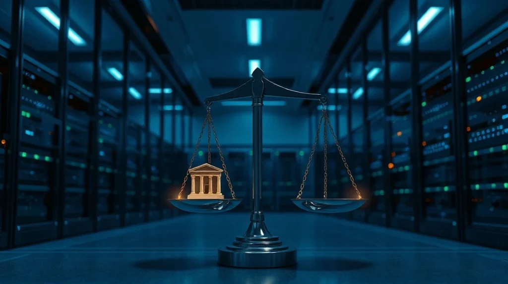 Abstract digital illustration of a scale balancing a bank vault and a decentralized network, representing centralized vs. decentralized exchange compliance.