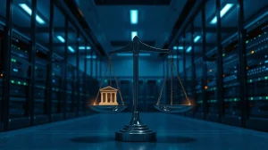 Abstract digital illustration of a scale balancing a bank vault and a decentralized network, representing centralized vs. decentralized exchange compliance.