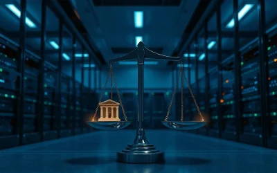 Abstract digital illustration of a scale balancing a bank vault and a decentralized network, representing centralized vs. decentralized exchange compliance.