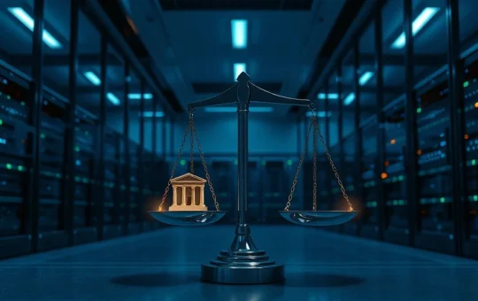 Abstract digital illustration of a scale balancing a bank vault and a decentralized network, representing centralized vs. decentralized exchange compliance.