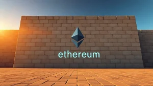 Ethereum logo on a stone wall with a price chart approaching it, symbolizing resistance.