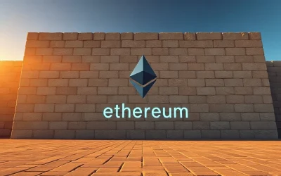 Ethereum logo on a stone wall with a price chart approaching it, symbolizing resistance.