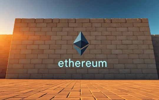 Ethereum logo on a stone wall with a price chart approaching it, symbolizing resistance.