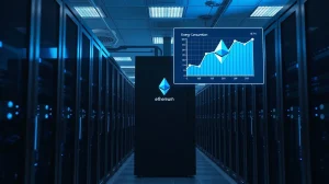 A modern, energy-efficient data center with low-power servers, representing Ethereum's reduced energy consumption after The Merge.