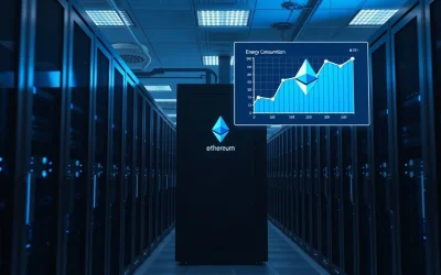 A modern, energy-efficient data center with low-power servers, representing Ethereum's reduced energy consumption after The Merge.
