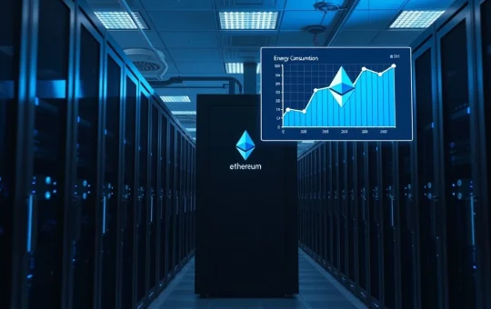 A modern, energy-efficient data center with low-power servers, representing Ethereum's reduced energy consumption after The Merge.