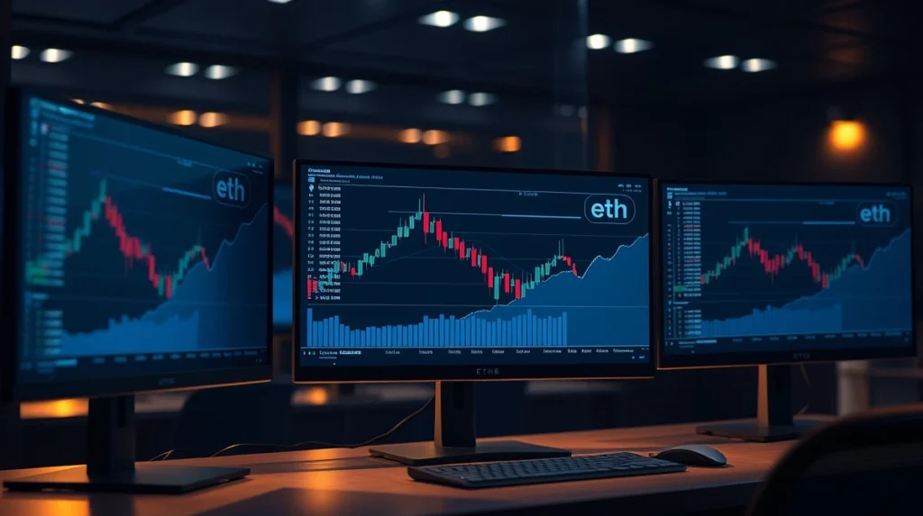Ethereum price chart showing descending channel pattern on trading monitors