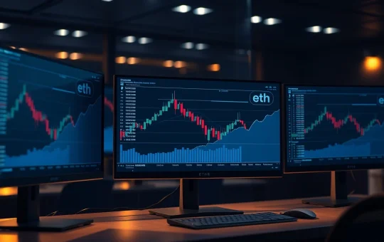 Ethereum price chart showing descending channel pattern on trading monitors