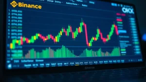 Ethereum trading charts on a screen with Binance and OKX logos visible, illustrating market divergence.