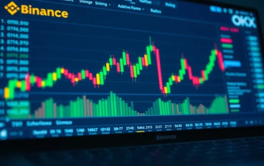 Ethereum trading charts on a screen with Binance and OKX logos visible, illustrating market divergence.