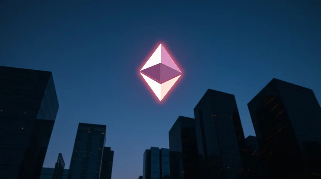 Ethereum symbol glowing above a dark city skyline at dusk