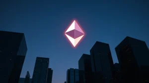 Ethereum symbol glowing above a dark city skyline at dusk