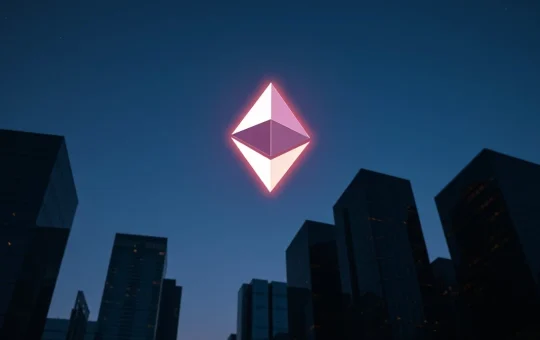 Ethereum symbol glowing above a dark city skyline at dusk