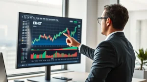 Analyst reviewing Ethereum price charts and on-chain data on a large screen