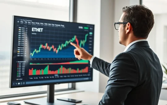 Analyst reviewing Ethereum price charts and on-chain data on a large screen