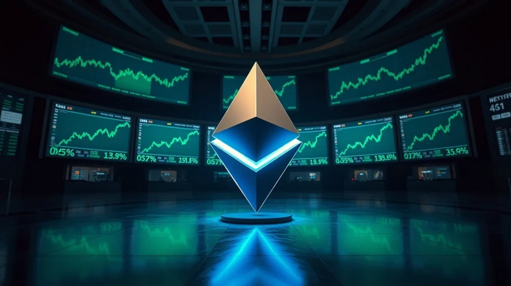 Ethereum logo on a trading floor with green charts indicating a price rebound after a short squeeze.