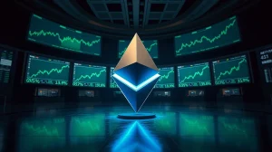 Ethereum logo on a trading floor with green charts indicating a price rebound after a short squeeze.