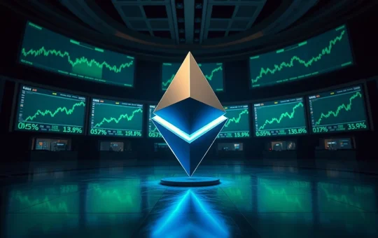 Ethereum logo on a trading floor with green charts indicating a price rebound after a short squeeze.