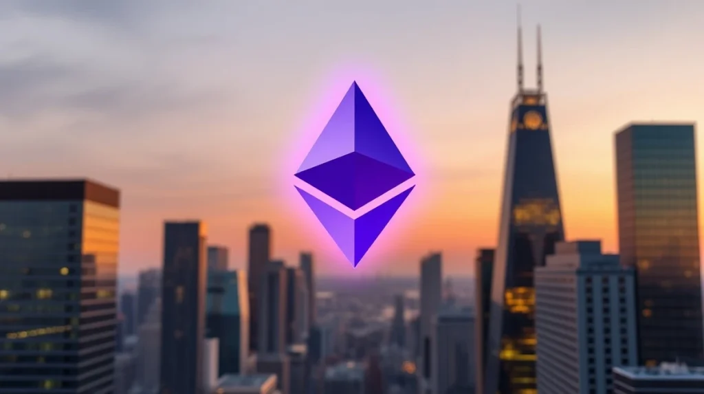 Ethereum logo glowing above a city skyline at dusk, representing the cryptocurrency's price surge and market momentum.