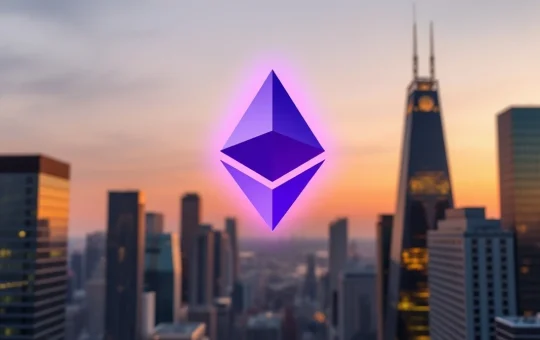 Ethereum logo glowing above a city skyline at dusk, representing the cryptocurrency's price surge and market momentum.