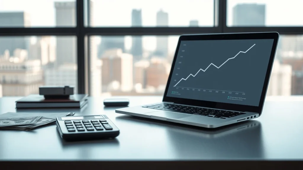 Calculator and US dollars on a desk with a laptop showing an upward chart, representing FTX creditor repayments