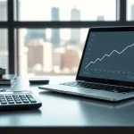 Calculator and US dollars on a desk with a laptop showing an upward chart, representing FTX creditor repayments