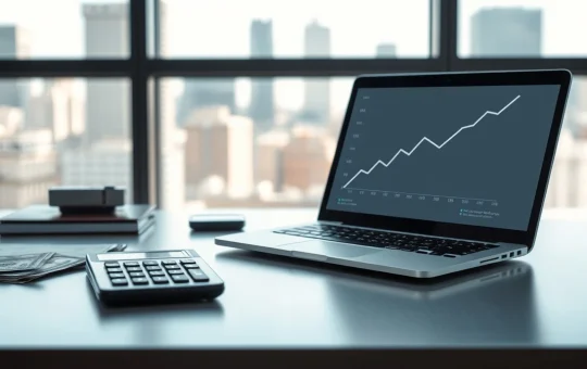 Calculator and US dollars on a desk with a laptop showing an upward chart, representing FTX creditor repayments