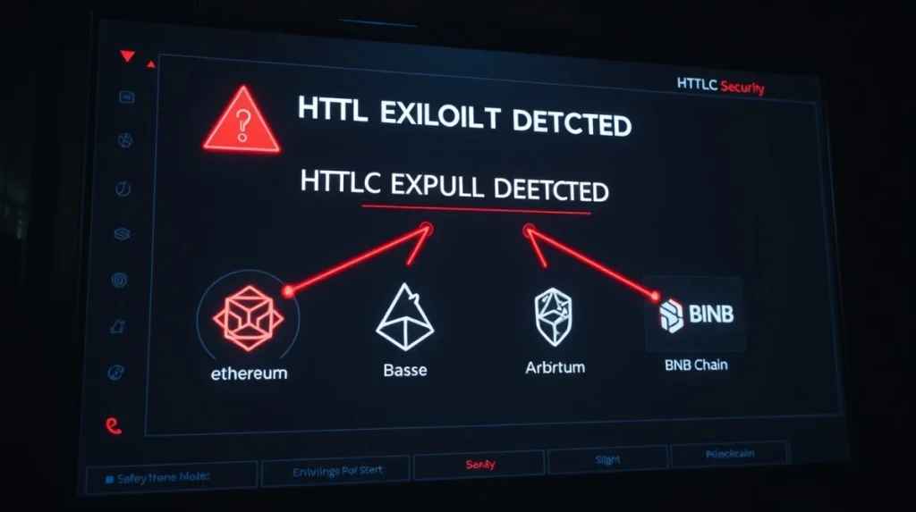 Security alert dashboard showing GardenFi HTLC exploit affecting Ethereum, Base, Arbitrum, and BNB Chain networks
