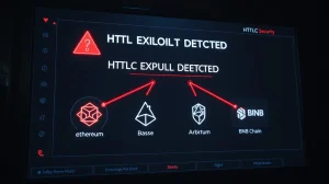 Security alert dashboard showing GardenFi HTLC exploit affecting Ethereum, Base, Arbitrum, and BNB Chain networks