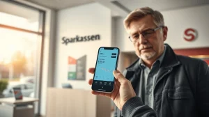 Customer using a banking app for crypto trading inside a German Sparkassen branch