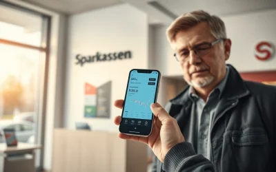 Customer using a banking app for crypto trading inside a German Sparkassen branch