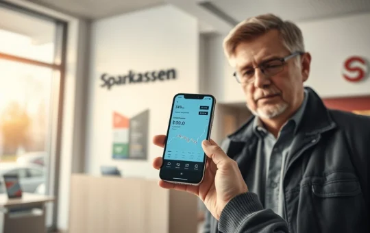 Customer using a banking app for crypto trading inside a German Sparkassen branch