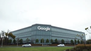 Exterior view of Google headquarters in Mountain View on a cloudy day
