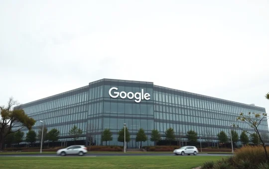 Exterior view of Google headquarters in Mountain View on a cloudy day