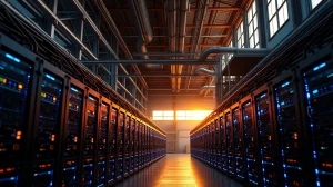 Interior of a Bitcoin mining facility with rows of ASIC miners, representing HUT 8 Mining Corp operations.